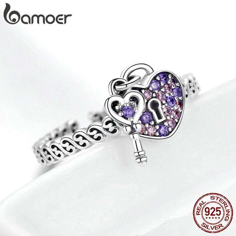 Bamoer Echt 925 Sterling Silver Love Heart Key Paars Cz Vinger Ringen Voor Vrouwen Wedding Engagement Sieraden Anel SCR486