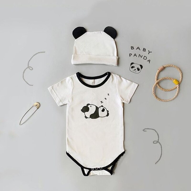 Zomer Baby Boy Kleding 2 Stuks Sets Katoenen Soft Mooie Cartoon Dier Panda Korte Mouw Baby Romper + Hoed Baby kleding Meisje 0-18M: 80-12M