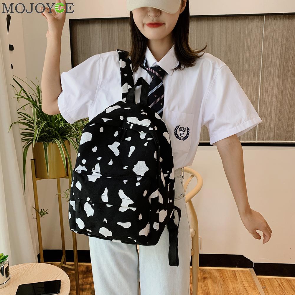 Women Canvas Backpack Cow Milk Print Students Girls Daily Shoulder School Bag Outdoor Shopping Accessaries Supplies