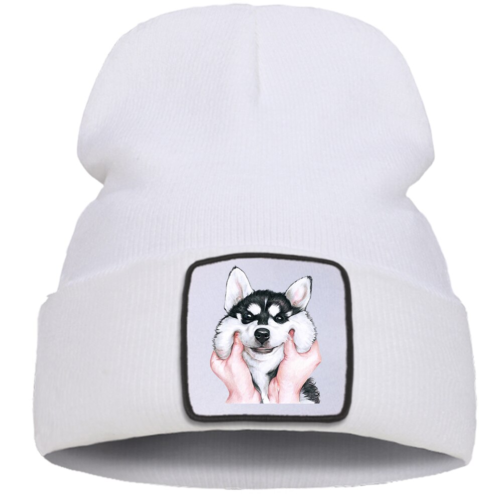 Belle mignon Husky chien Bonnet casquettes femmes hiver coton Skullies chapeau hommes en plein air Hip Hop Bonnet tricoté doux unisexe Beanie chapeaux: white6
