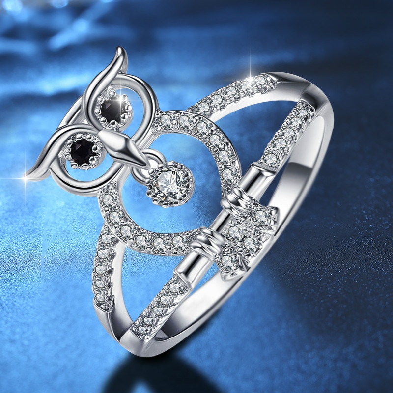 Dames Zilveren Kleur Ring Multilayer Uil Mode Ring Mini Zirkoon Mode Creatieve Metalen Ring Kleurrijke Decoratie Partij Bruiloft