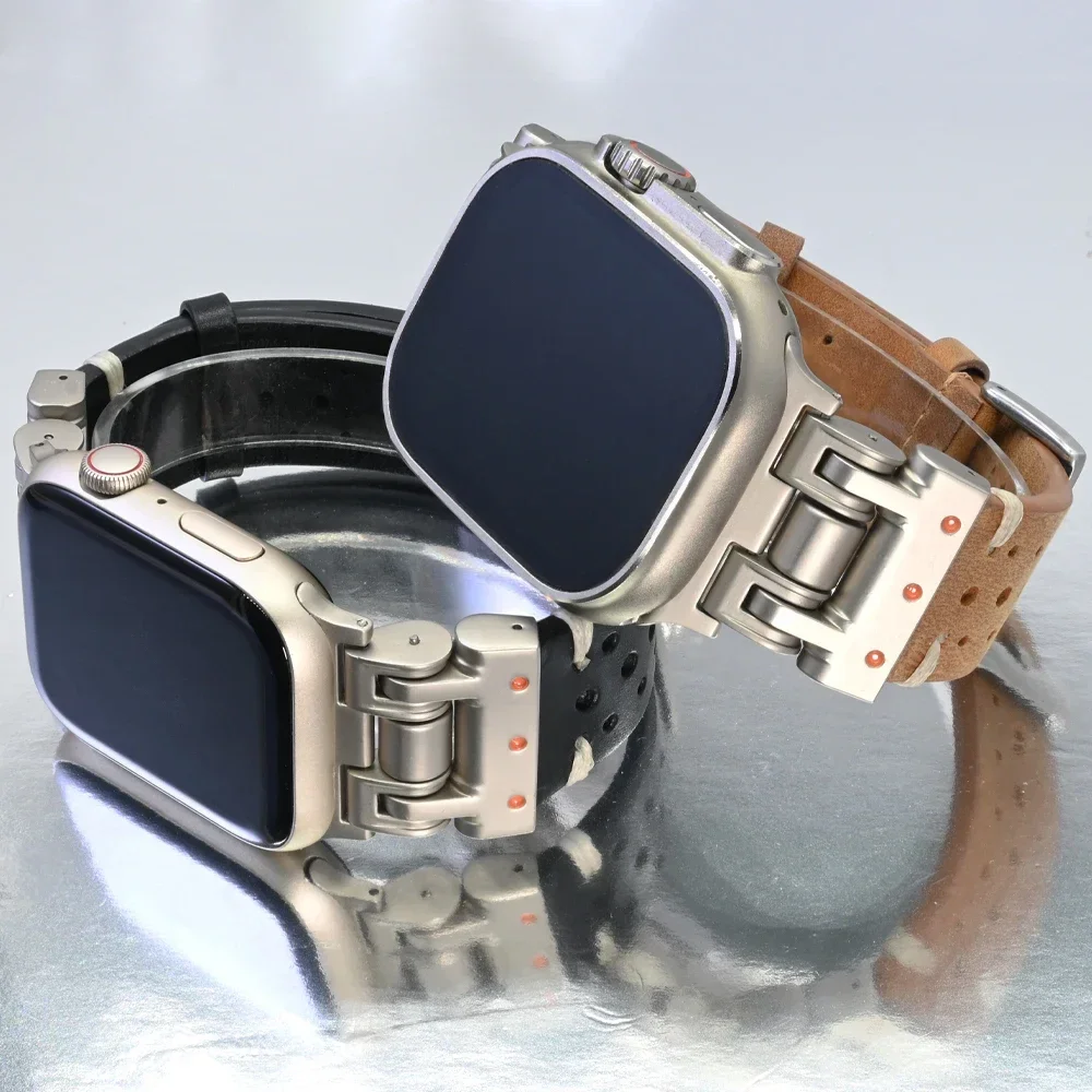Bracelet de sport en cuir pour Apple Watch, Titanium Document Men Strap, IWatch Series 9 8 7 6 5 4 Se Ultra 2 Correa, 49mm, 45mm, 44mm, 42mm