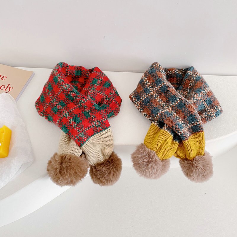 Mode Stiksels Plaid Kinderen Pompom Cross Sjaal Herfst En Winter Jongens En Meisjes Baby Warm Gebreide Sjaals