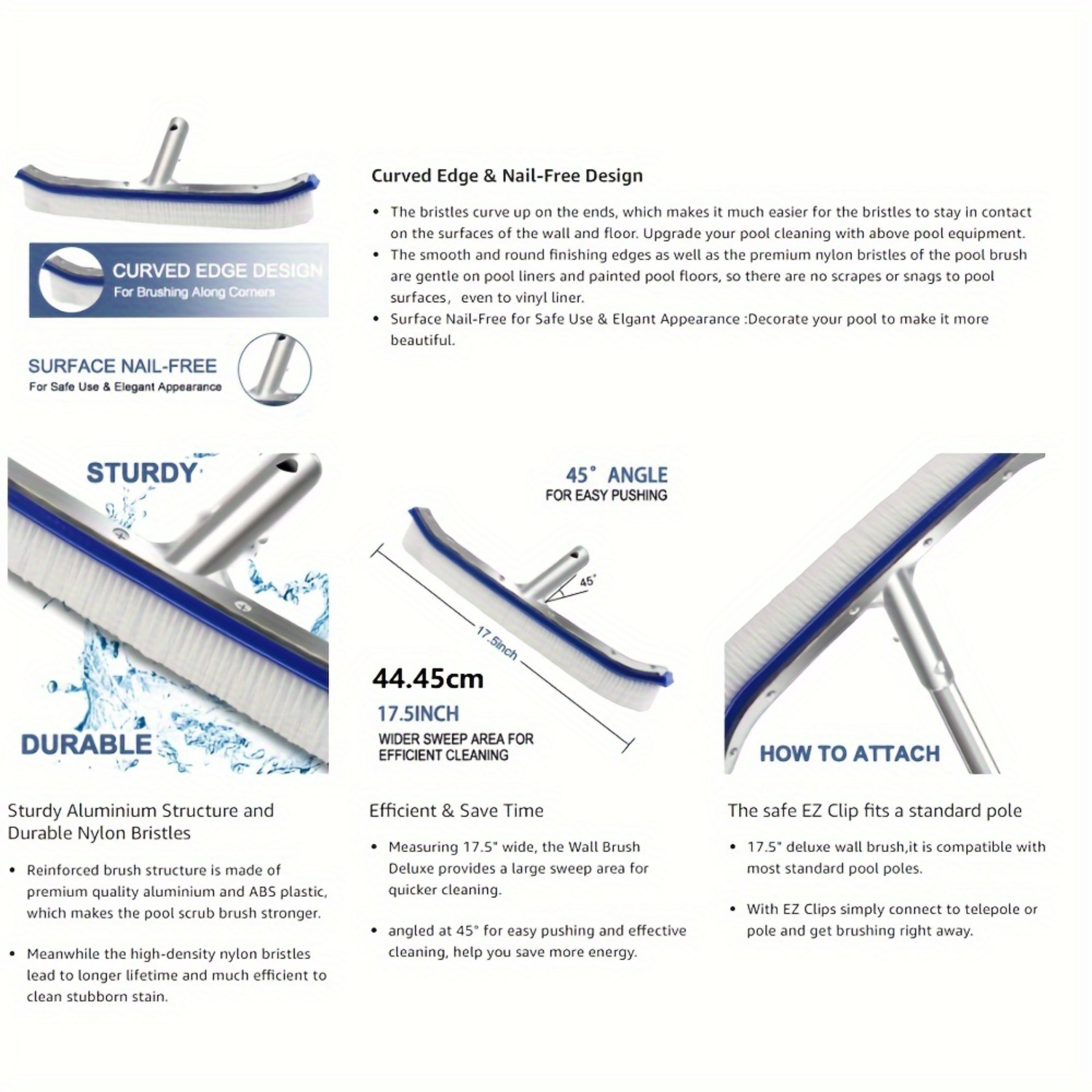 18" Swimming Pool Wall & Tile Brush - Heavy Duty Aluminum Back Cleaning Brush - Nylon Bristles - EZ Clips