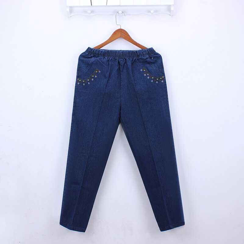 Pantalones vaqueros de mediana edad para mujer, Jeans femeninos de cintura elástica con bordado de nueve, de talla grande, holgados y rectos, informales, primavera y otoño