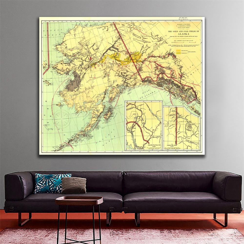 1898 upplagor vintage dekor karta väggdekor måla guld- och kolfälten i alaska 90 x 90cm hd spraymålning för vardagsrummet