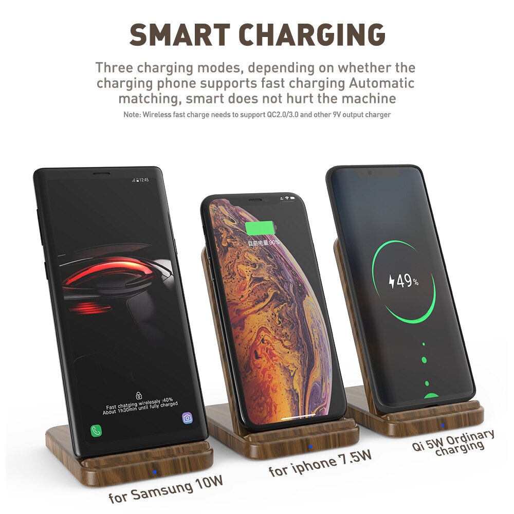 KEYSION 10W Wooden Qi Wireless Charger for iPhone 11 Pro Max XR XS Max 8Plus fast Wireless Charging Stand for Samsung S20 S10 S9