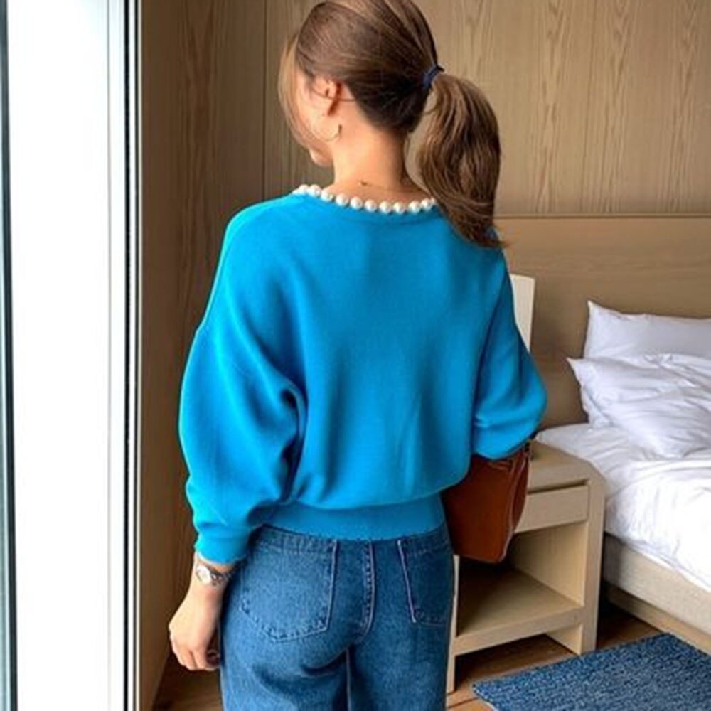 Damestrui o-hals dames breiwerk dames parels dames tops herfststijl dames herfsttrui top