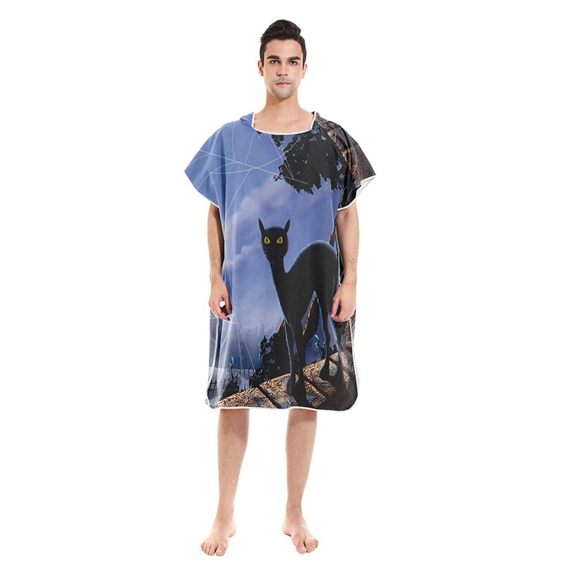 Vestido de toalla de playa con estampado de gato y dibujos animados, bata con capucha, Poncho, Toalla de baño para adultos, Surf en la playa, ropa de playa: 07E