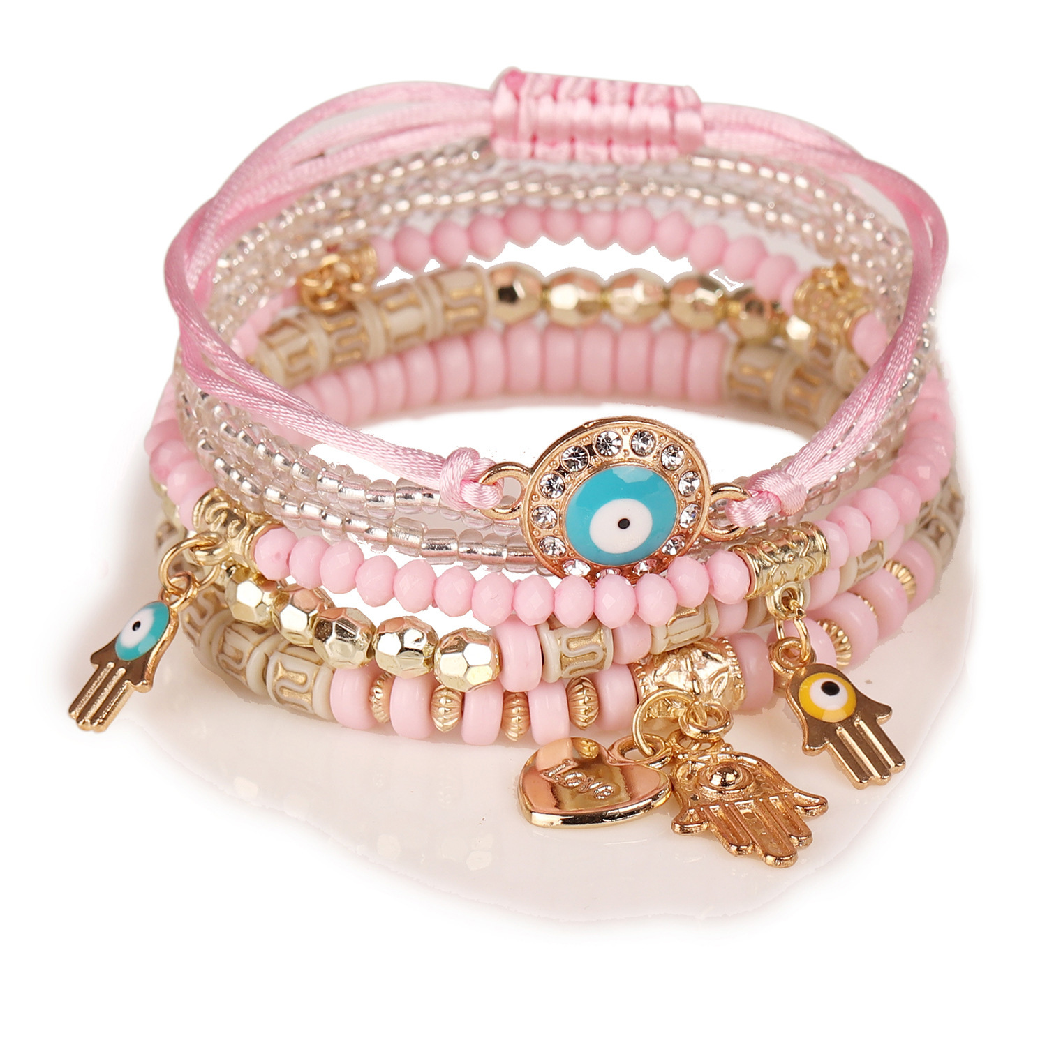 conjunto de pulsera con borlas de mal de ojo para mujer, abalorio de mano de Fátima de cristal, brazalete de cadena con cuentas de piedra, de joyería bohemia para mujer: COLOR ORO ROSADO