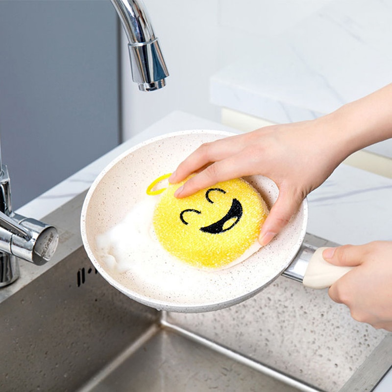 4PCS Smile Face Sponge Strong Decontamination Dish Washing Cloth Sponges Kitchen Cleaner Sponges Scouring Pads