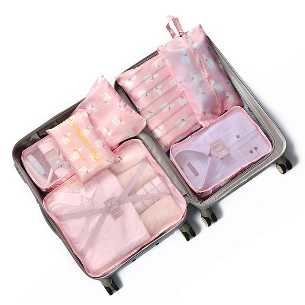 S.IKRR Nylon Packing Cubes Travel Bag Women Waterproof Large Luggage Organizer Set 7pcs Clothes Storting Pouch Cosmetic Bag: Pink Alpaca