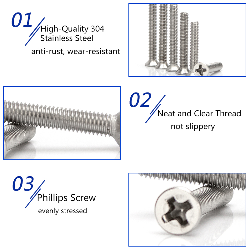 304 Stainless Steel Phillips Countersunk Screws Flat Head Screw M5 Cross Recessed Bolt Length 6mm-70mm