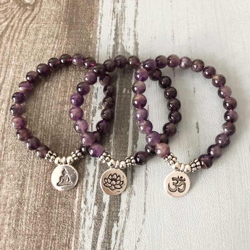 Ametyster buddha armbånd yoga lotus charme håndled lilla sten beaded buddhist armbånd til kvinder og mænd