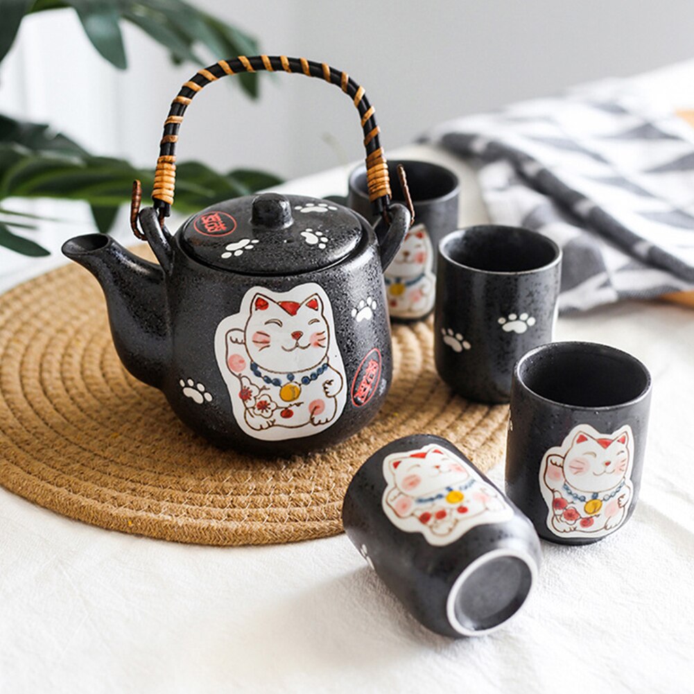 5 pçs design japonês gato sorte cerâmica pote de chá canecas kit com filtro decoração para casa para o aniversário de casamento presentes de natal
