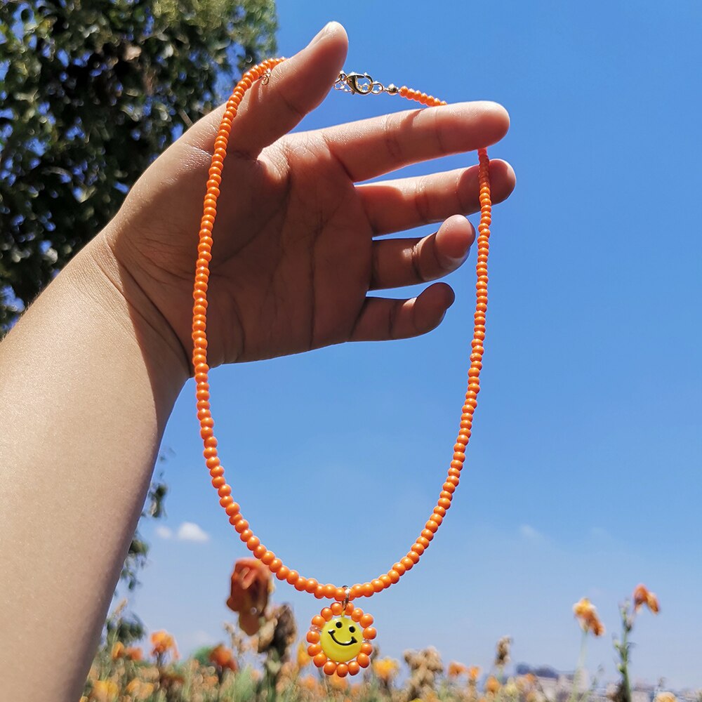 ZX de hecho a mano colorido cuentas de collar de Gargantilla de cadena lindo Similey cara colgante collares al por mayor, joyas de las mujeres Accesorios: orange