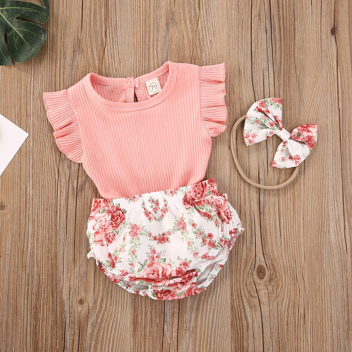 Schattige Baby Meisje Kleding Ruches Mouwloze Top + Bloemenprint Shorts + Hoofdband 3 Stuks Maat 0-24M