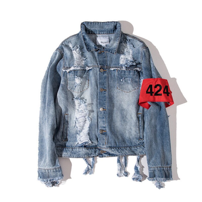 Vintage 424 Veste en Jean Hommes Déchiré Trous Lavé Coton Automne Manteaux Homme Décontracté Vestes en Jean Cowboy Classique Homme MSW013: BLEU CIEL / L (55-65kg)