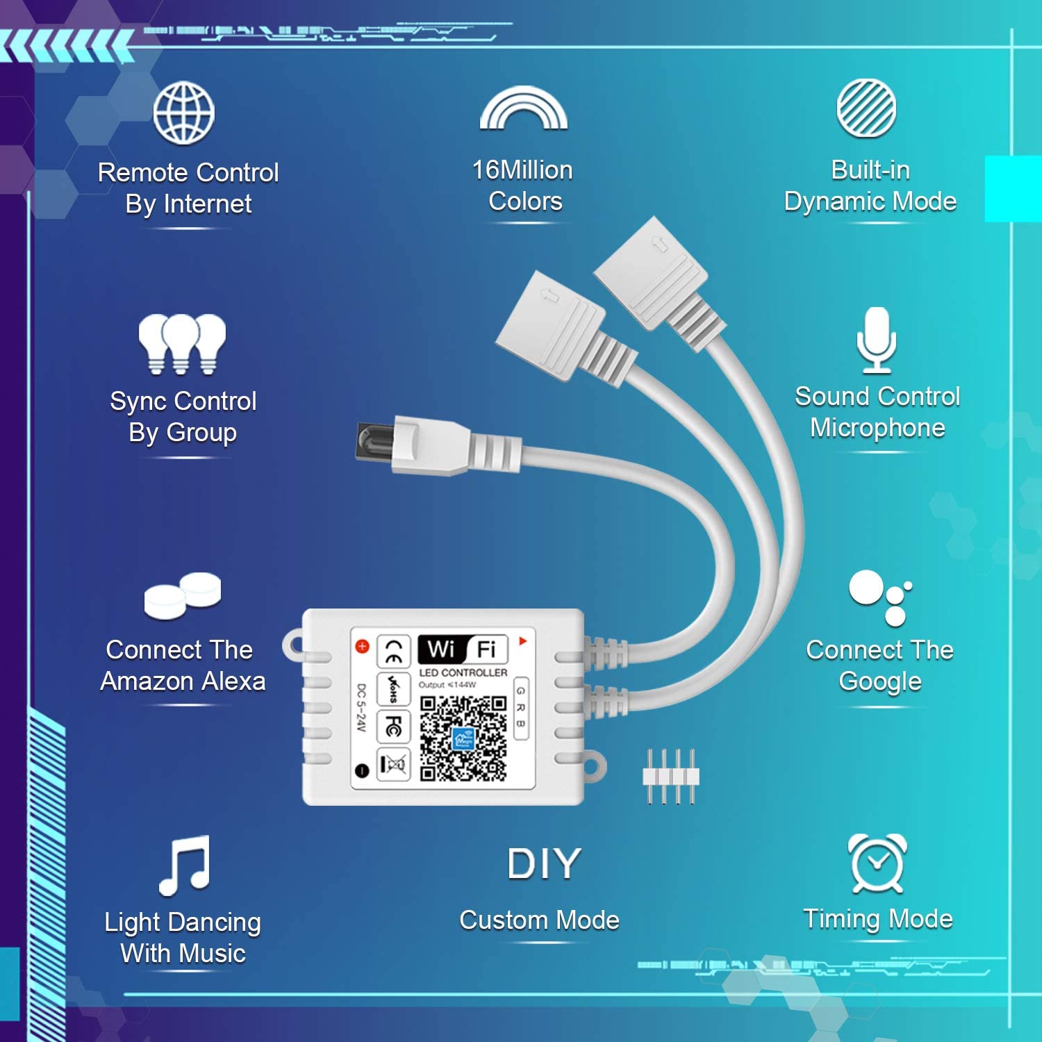 Smart WiFi LED Strip Light Controller, 2 in 1 DC5V-24V 6A with Remote, Compatible with Alexa Google Home and Siri
