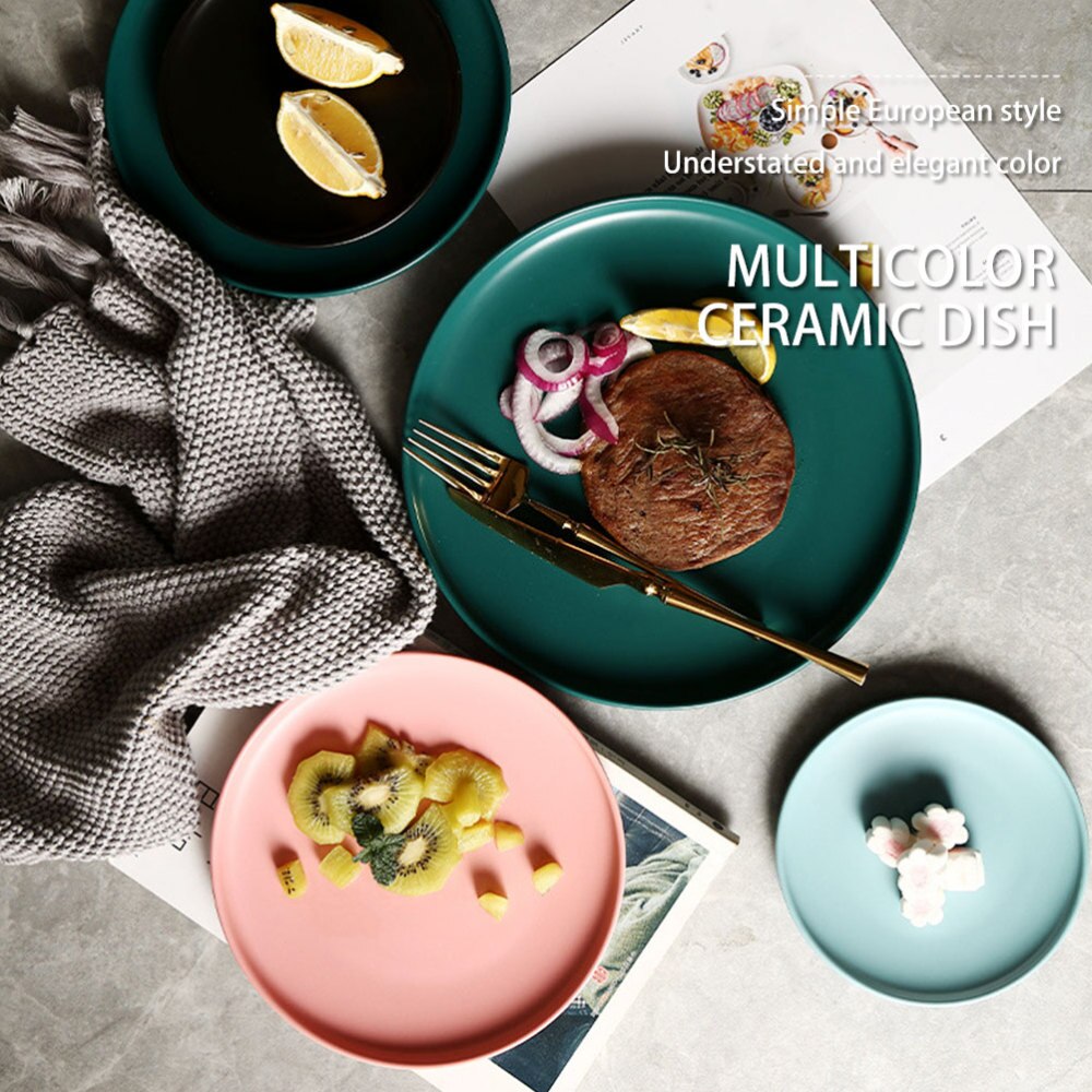 1pc Coloured Ceramic Tableware Western Steak Plate Microwave Oven Available Ceramic Food Plate Round Shape (Dark Green 6 Inches)