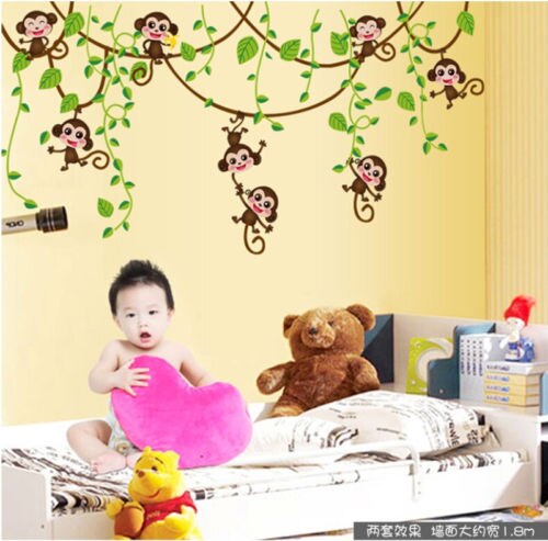 Dyreklistermærker lille abe klatretræ wallstickers mobile art deco baby dreng baby pige værelse wallstickers