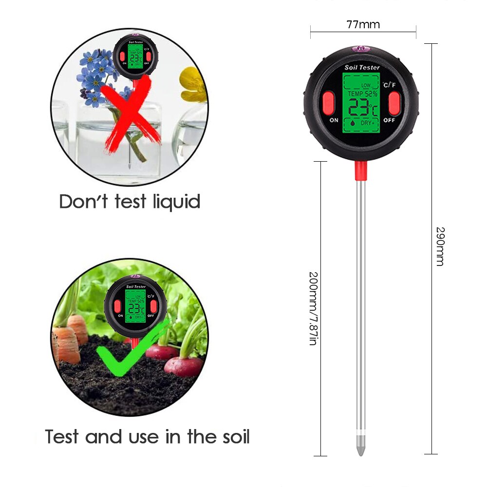 3/4/5in1 Digital Soil pH Meter Moisture Meter PH Levels Temperature Sunlight Intensity Humidity Tester Large Backlit LCD Display