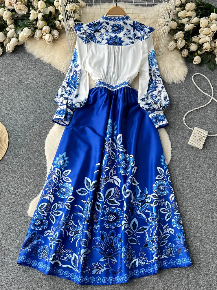 Hikigawa chic kvinder forårskjole med v-hals og pufærmer, vintageprint, feriekjoler til strand, midi-kjoler til kvinder