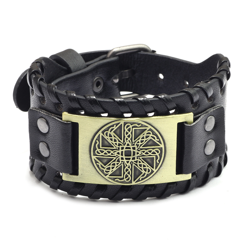 Pulsera de piel con brújula pirata para hombre, de tótem ancho, joyería vikinga celta, accesorios de pulsera, de: Chapado en platino