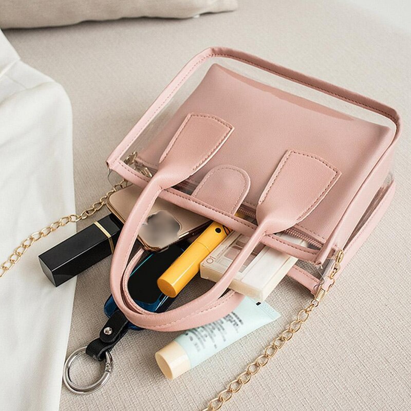 2 teile/satz Transparent Tasche Frauen Schulter Tasche Kleine Kette Gelee Handtasche Telefon Totes Reisen Feste Crossbody Handtaschen