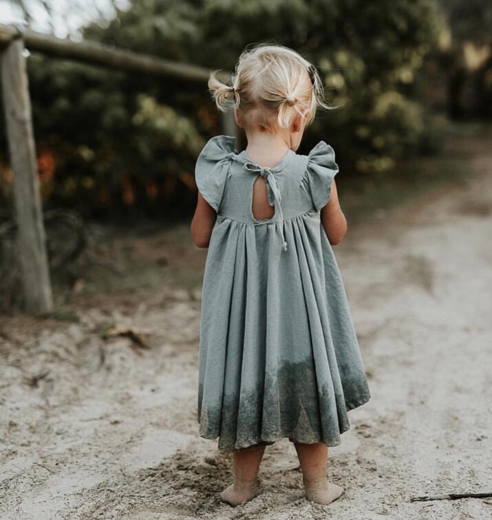 Ins Europa y América, blusa para niños y niñas, vestido de princesa de lino con volantes, ropa de verano a la: Verde / 6 años
