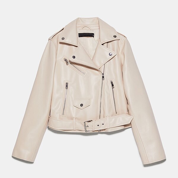 Höst kvinnor pu skinnjacka dam moto biker dragkedja jacka med bälte kort längd casual svart konstläderjacka: Beige / Xl