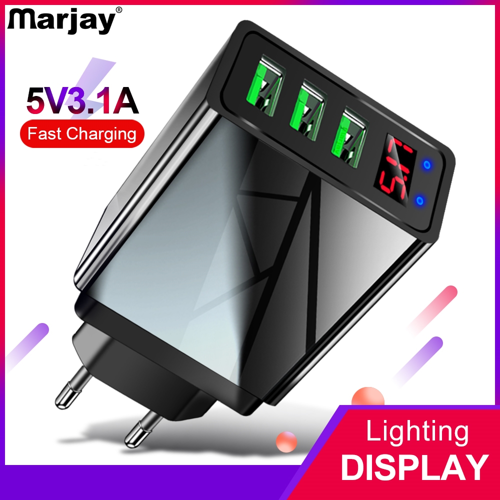 Marjay 3 Poorten Usb Charger Eu Us Plug Led Display 3.1A Snel Opladen Slimme Mobiele Telefoon Oplader Voor Iphone Samsung xiaomi Tablet