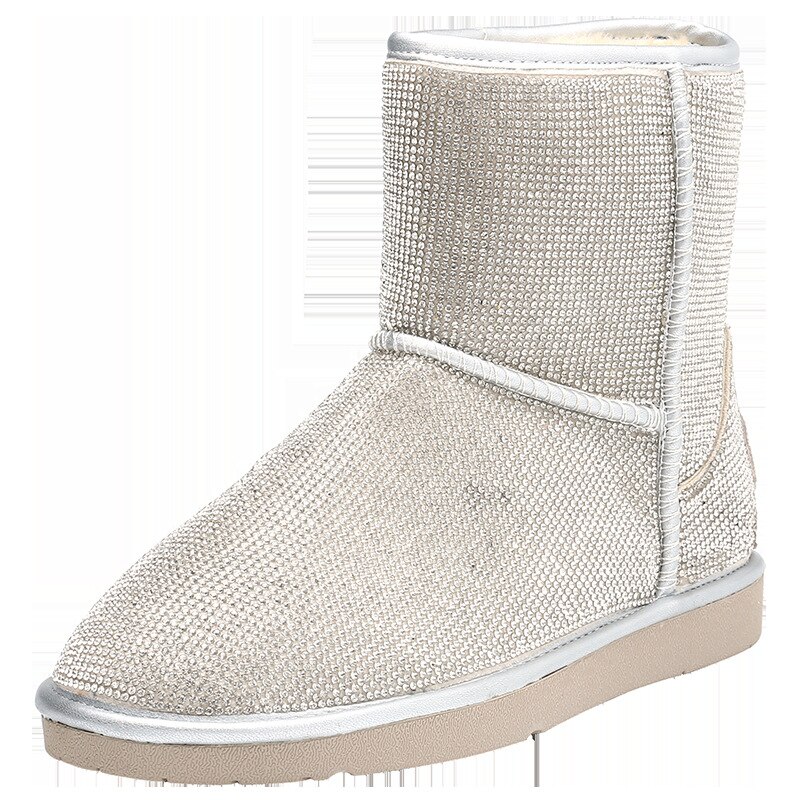 Botas de nieve con cristales brillantes para mujer, botines con cuentas plateadas, con plataforma acolchada de felpa, talla grande 34-43, NS69, Invierno