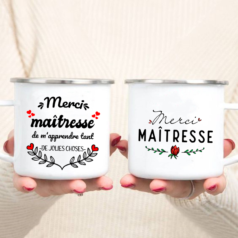 Taza de esmalte con estampado francés, tazas creativas de café, té, bebidas, postre, desayuno, leche, ASA, vasos, los mejores para profesores
