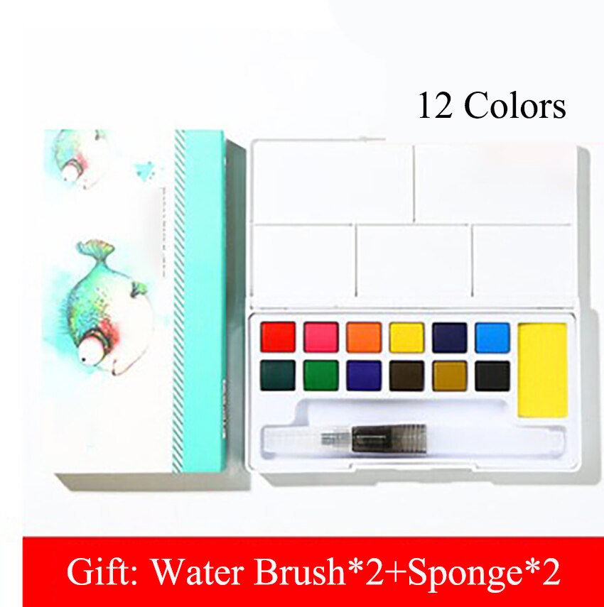 12/18/24/36 farver bærbar solid akvarel maling håndmalet akvarel pigment med akvarel pensel svamp til studerende kunst: 12 farver