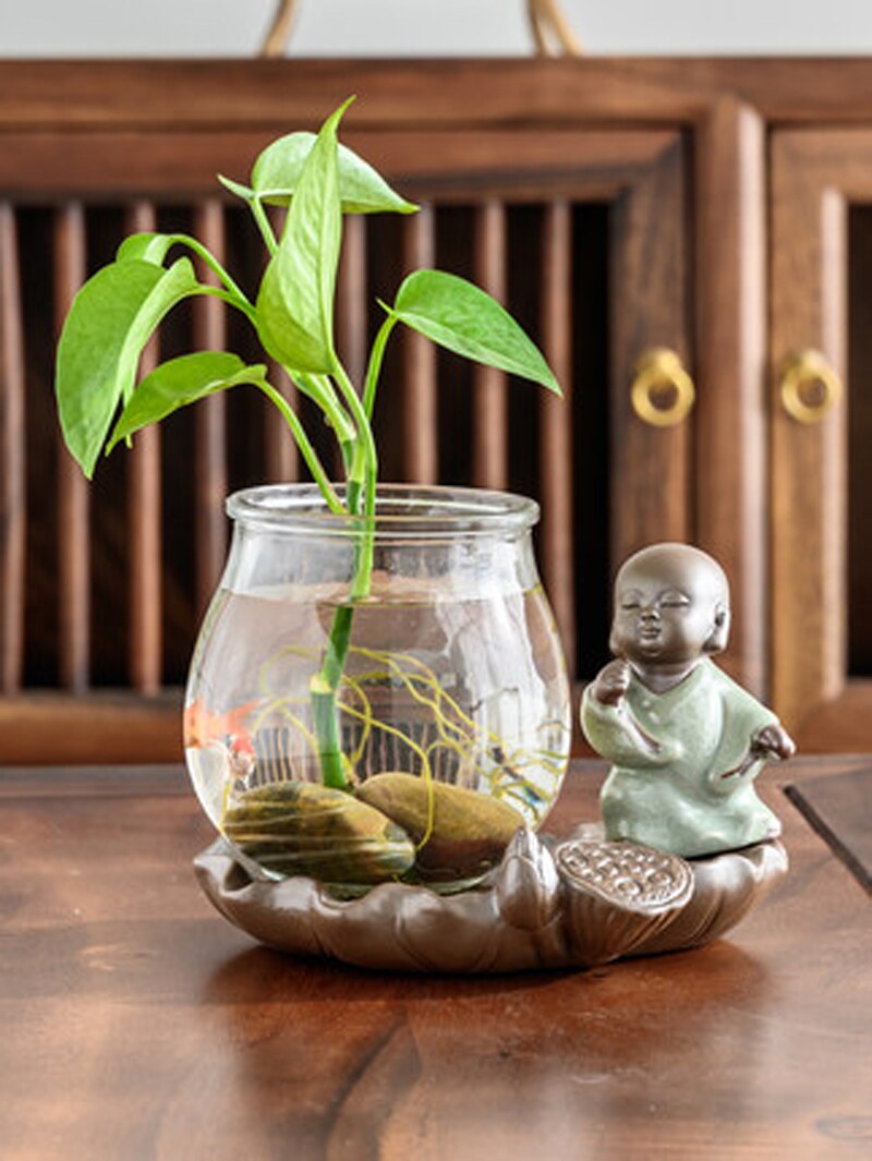 Maceta de cerámica hidropónica para decoración del hogar, florero pequeño de cerámica con maceta de cristal, adornos para té Geyao, para mascotas,