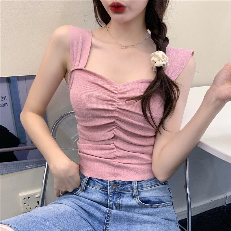Magliette E Camicette per le Ragazze Vestiti di Estate Top Sottile Pieghettato Canotta Senza Maniche Camicia di Lavoro A Maglia di Cotone di Un Solido di formato: Colore rosa