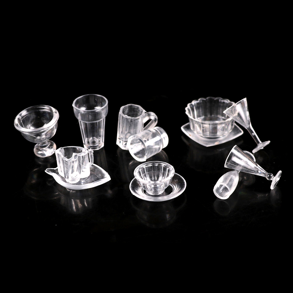 1 Set(13 pcs) Mini Transparent Dish Plate Drink Cups Tableware Miniatures DIY Pretend Play Kitchenware Toy