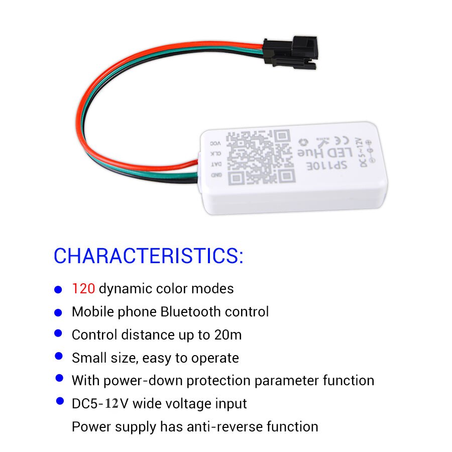 SP110E Hue RGB Bluetooth Controller for WS2812B WS2811 Led Strip SK6812 RGB/RGBW APA102 Pixels Tape Light APP Control DC5V-12V