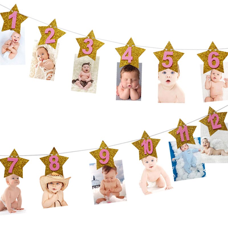 baby shower Kids Frist Birthday Banners 12 Months Photo Frame Bunting Garland Boy Girl 1st One Year Party Decoration Supplies: 7