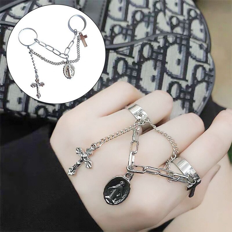 Double Finger Chain Rings for Women Alloy Adjustable Open Finger Ring Party Trend Jewelry: 17