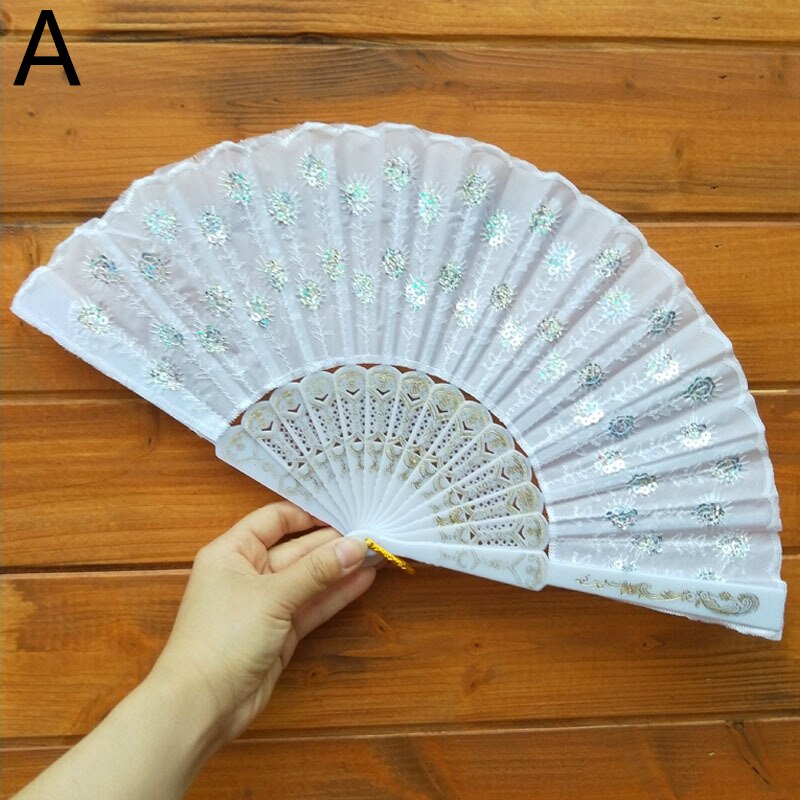 Art Fan Folding Tail Feather Plastic Bone Sequins Carved Hand Fan Summer Accessory Crafts Print Home Decor Embroidery: A