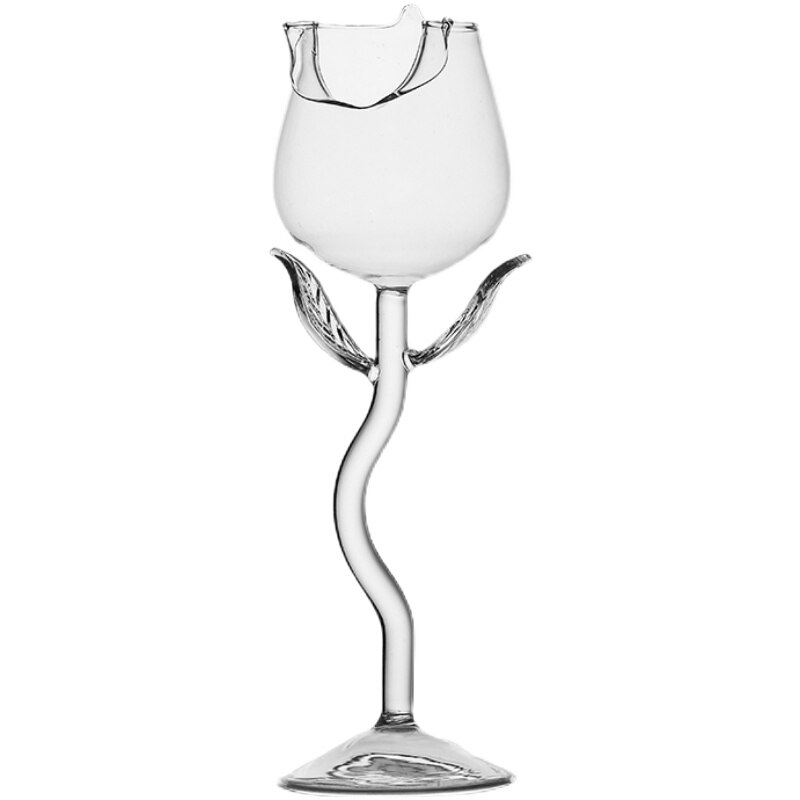 High Rose Shape Goblet Transparent Pink Rose with Leaves Wine Champagne Glasses Romantic Water Cups