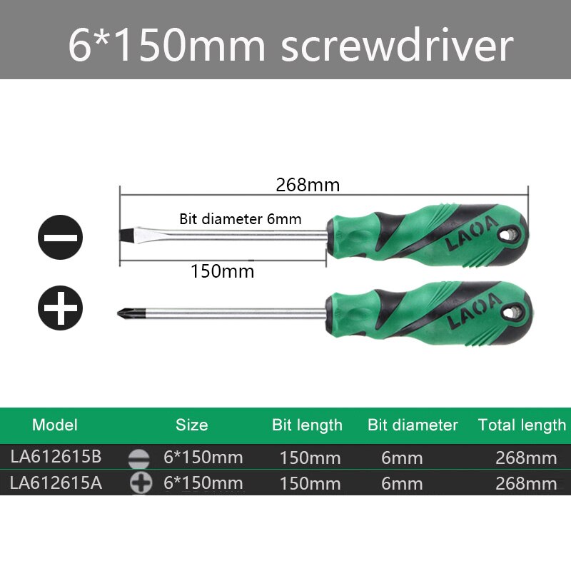 Laoa  s2 skruetrækkersæt med slids og stjerneskruetrækkere med magnetisk håndværktøj: 6 x 150mm 2 stk