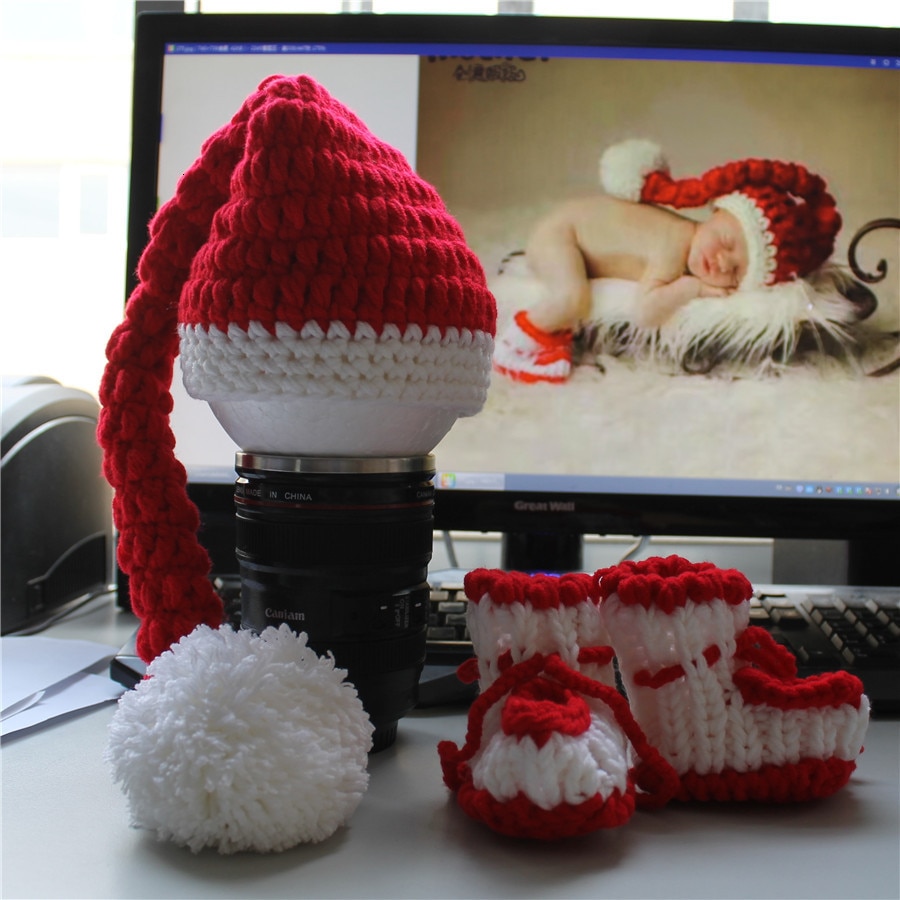 Baby Beanies Christmas Baby Pom Pom Hat Shoes Newborn Props For Photography Born Infant Toddler Girl Boy Shooting Costume