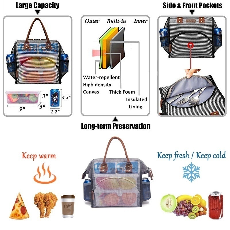 oxford stor kapasitet lunsjpose isolert lerret matpose tote piknik termiske kjøleposer kvinner lunsjboks bolsa termica  w405