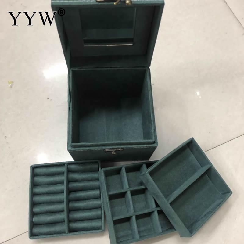 12x12x12cm Vintage Velvet Three-Tier Jewelry Box Multideck Storage Cases with Wood Mirror Wedding Birthday: 3