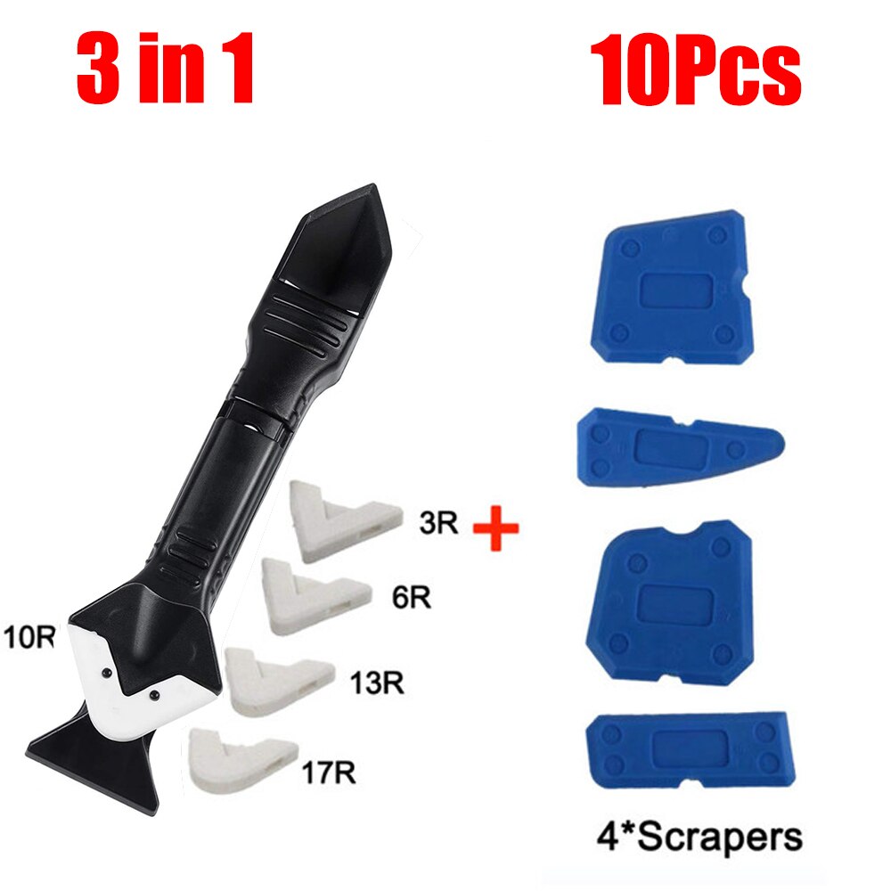 5in1 Silicone Scraper Remover Caulk Finisher Sealant Nozzle Scraper Sets Multifunctional Grout Remover Spatula Caulking Tool Kit: 3in1Plastic head Set