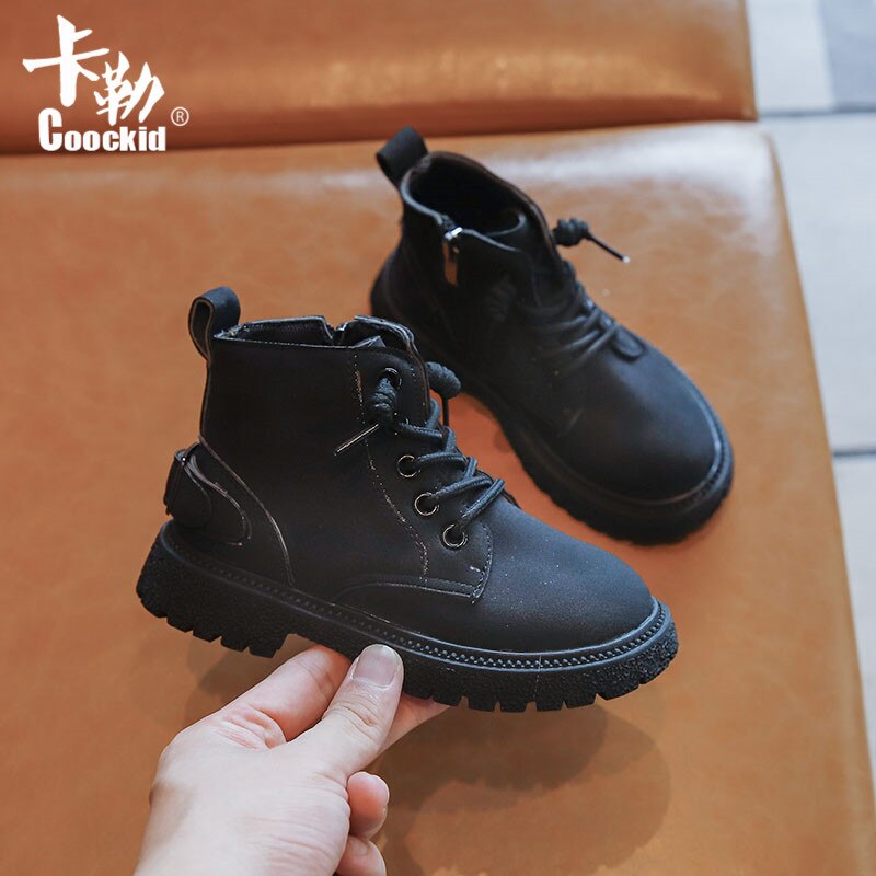 Botas de cuero para niños y niñas, zapatos de felpa a la , impermeables, antideslizantes, cálidos, 21-30, otoño e invierno,: Negro / 7 (Insole 14.5cm)