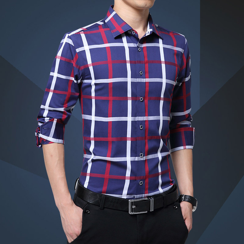 Good Men Spring Shirt Slim Fit Plaid Shirts Long Sleeve Cotton Dress Button Casual Camiseta Masculina Checkered Shirt: Dark Blue / Asian M 38